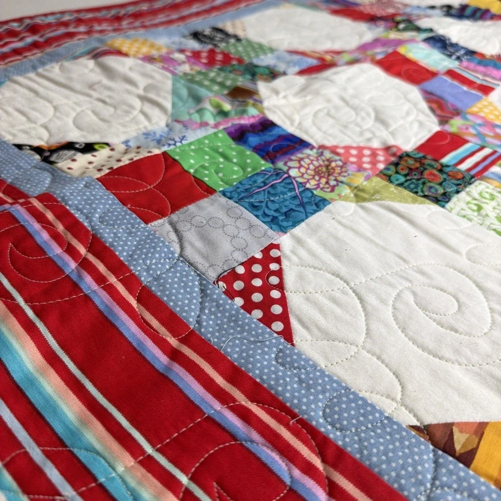 Huge Vintage Patchwork Quilt Retro Floral Geometric Mod Multi-Color 57" X 44" - Picture 3 of 7
